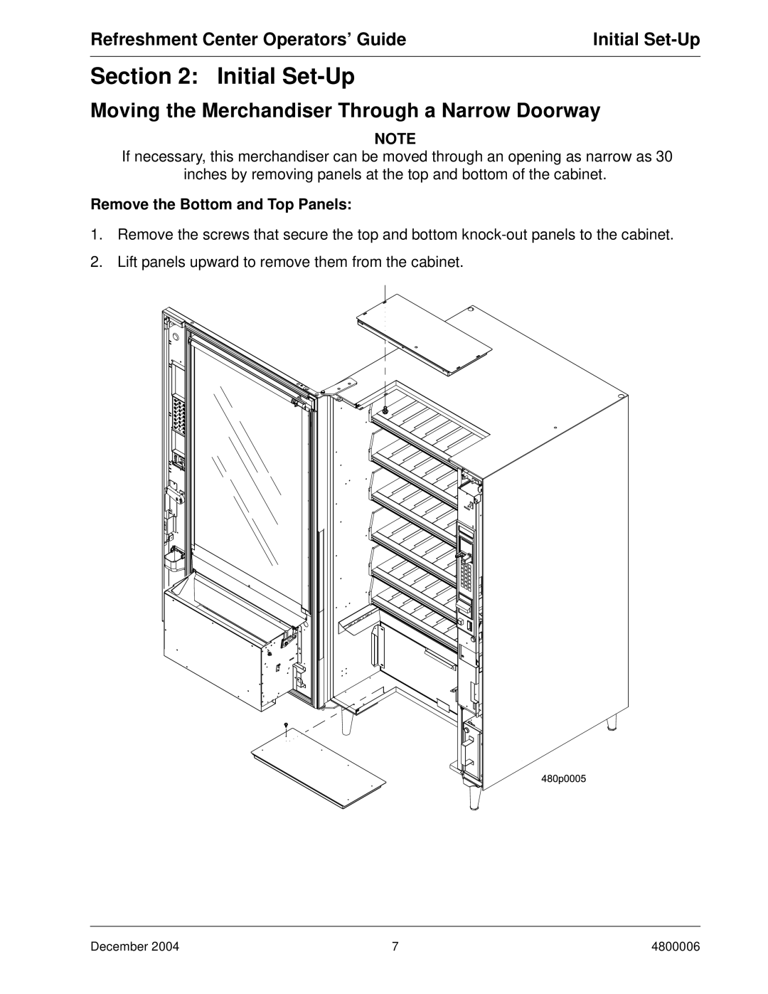 Crane Merchandising Systems 480 manual Moving the Merchandiser Through a Narrow Doorway, Remove the Bottom and Top Panels 