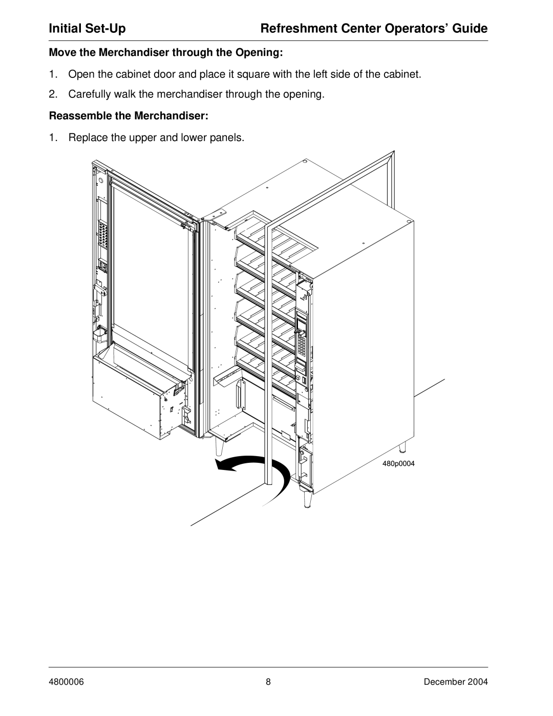 Crane Merchandising Systems 480 manual Move the Merchandiser through the Opening, Reassemble the Merchandiser 