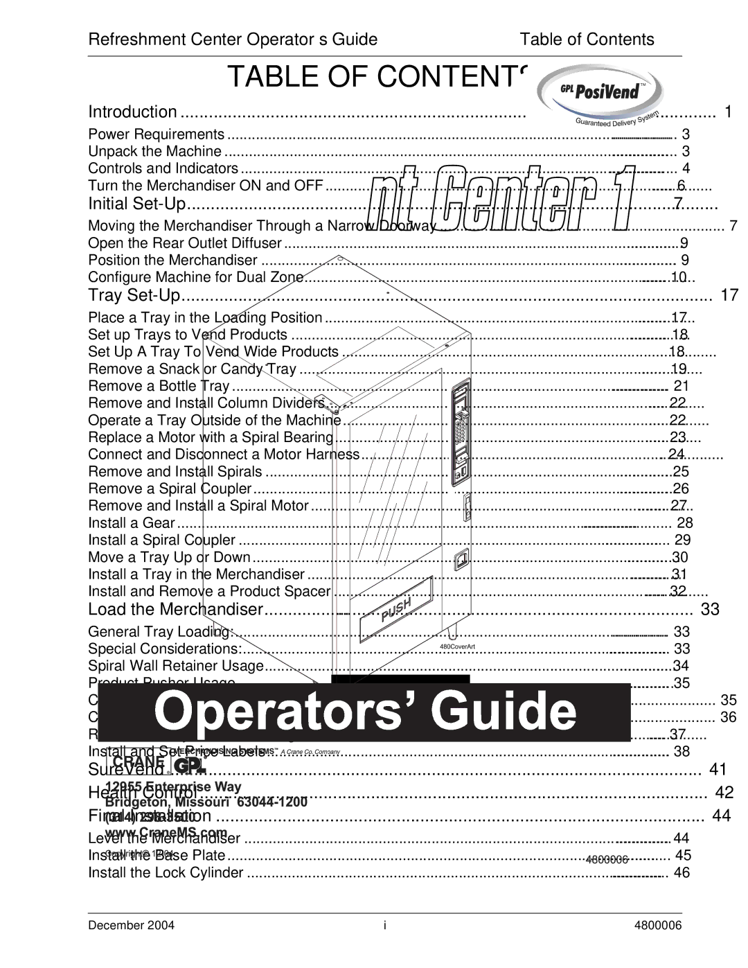 Crane Merchandising Systems 480 manual Table of Contents 