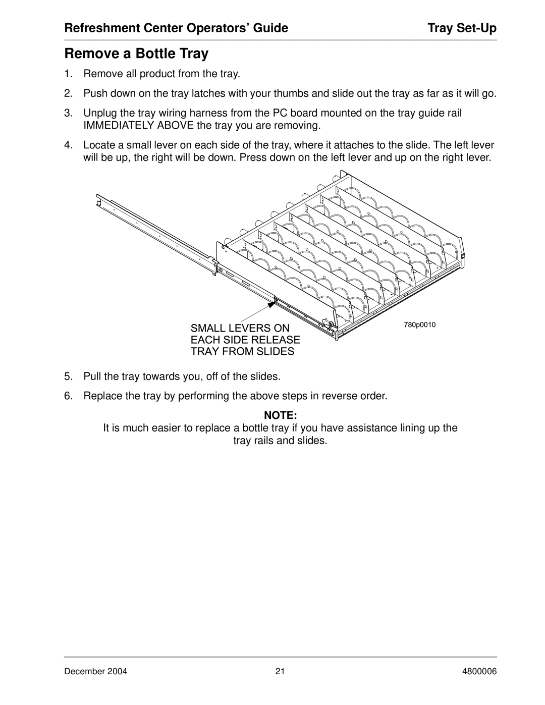 Crane Merchandising Systems 480 manual Remove a Bottle Tray 