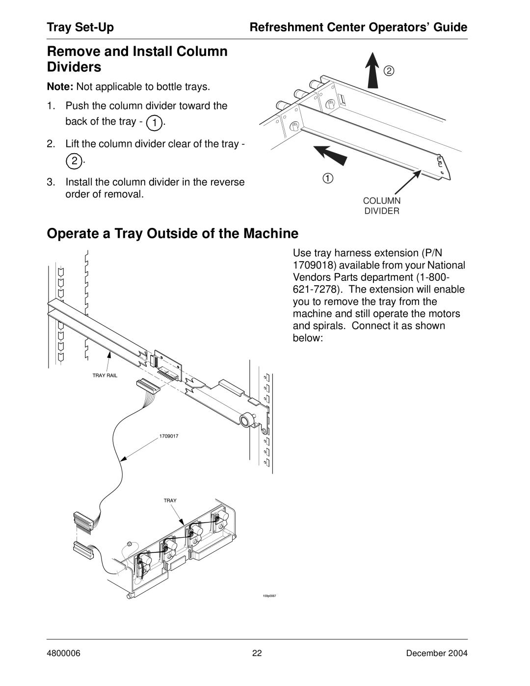 Crane Merchandising Systems 480 manual Remove and Install Column Dividers, Operate a Tray Outside of the Machine 