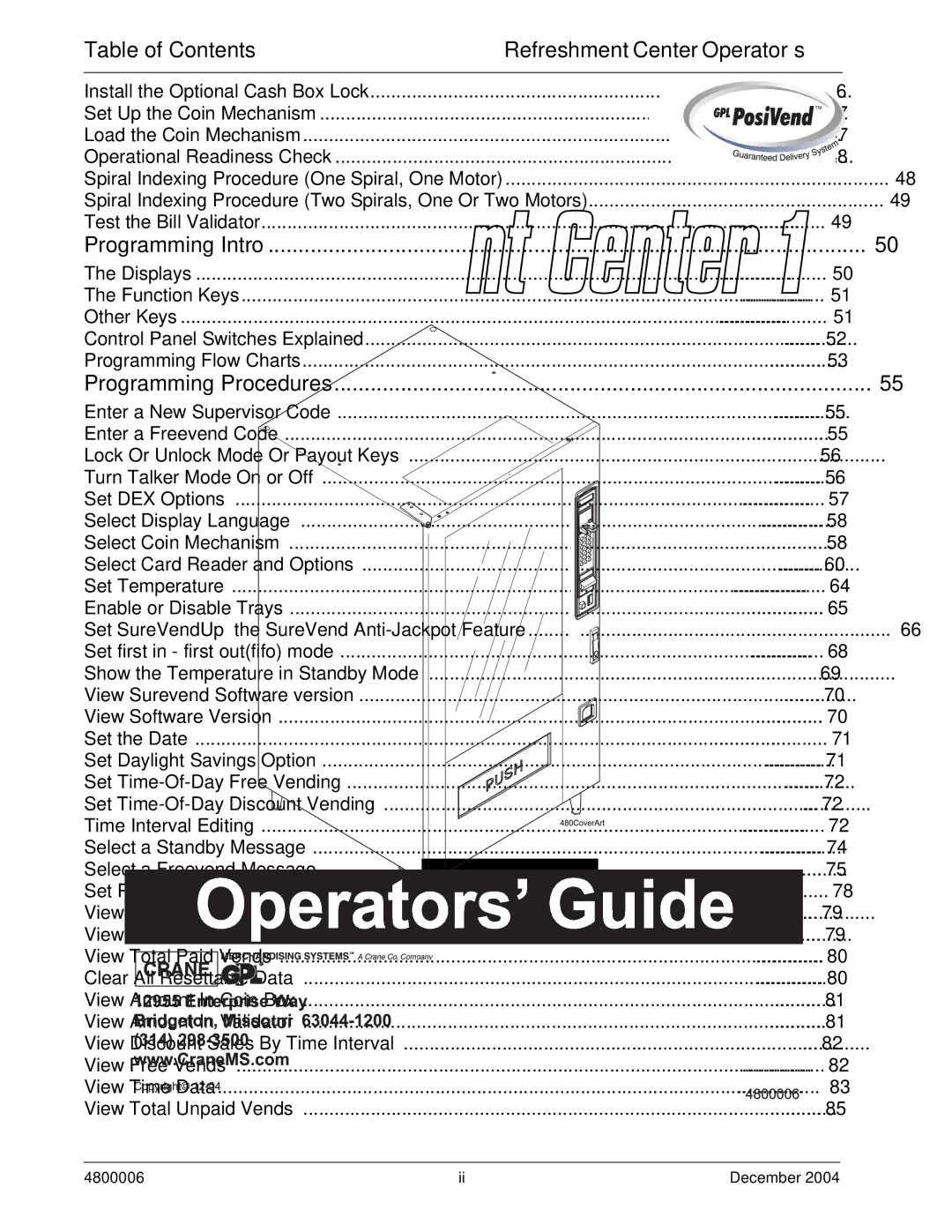 Crane Merchandising Systems 480 manual Table of Contents 