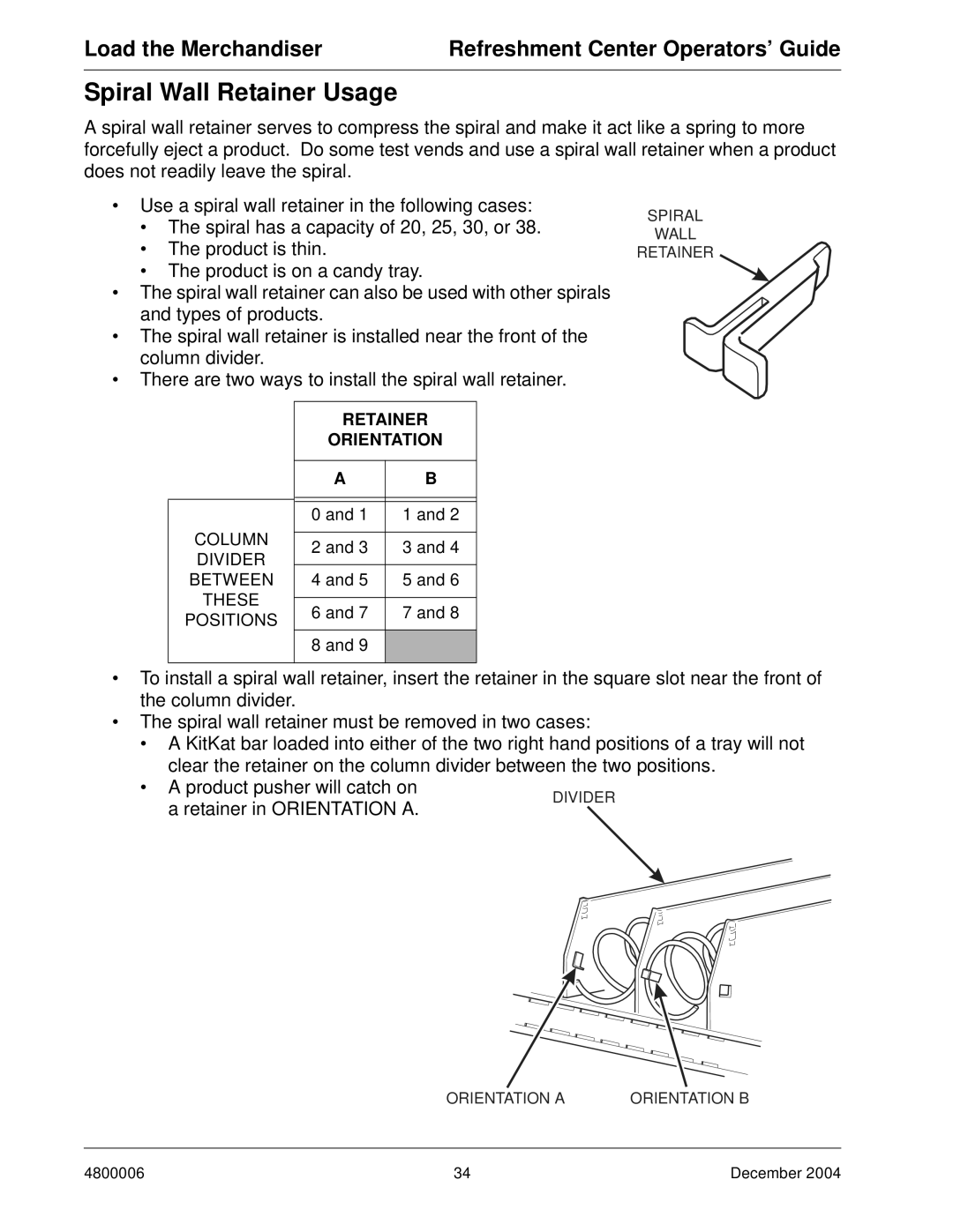 Crane Merchandising Systems 480 manual Spiral Wall Retainer Usage 