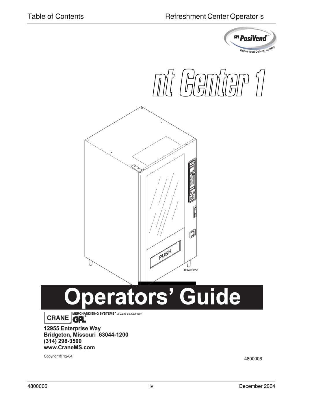 Crane Merchandising Systems 480 manual Table of Contents 