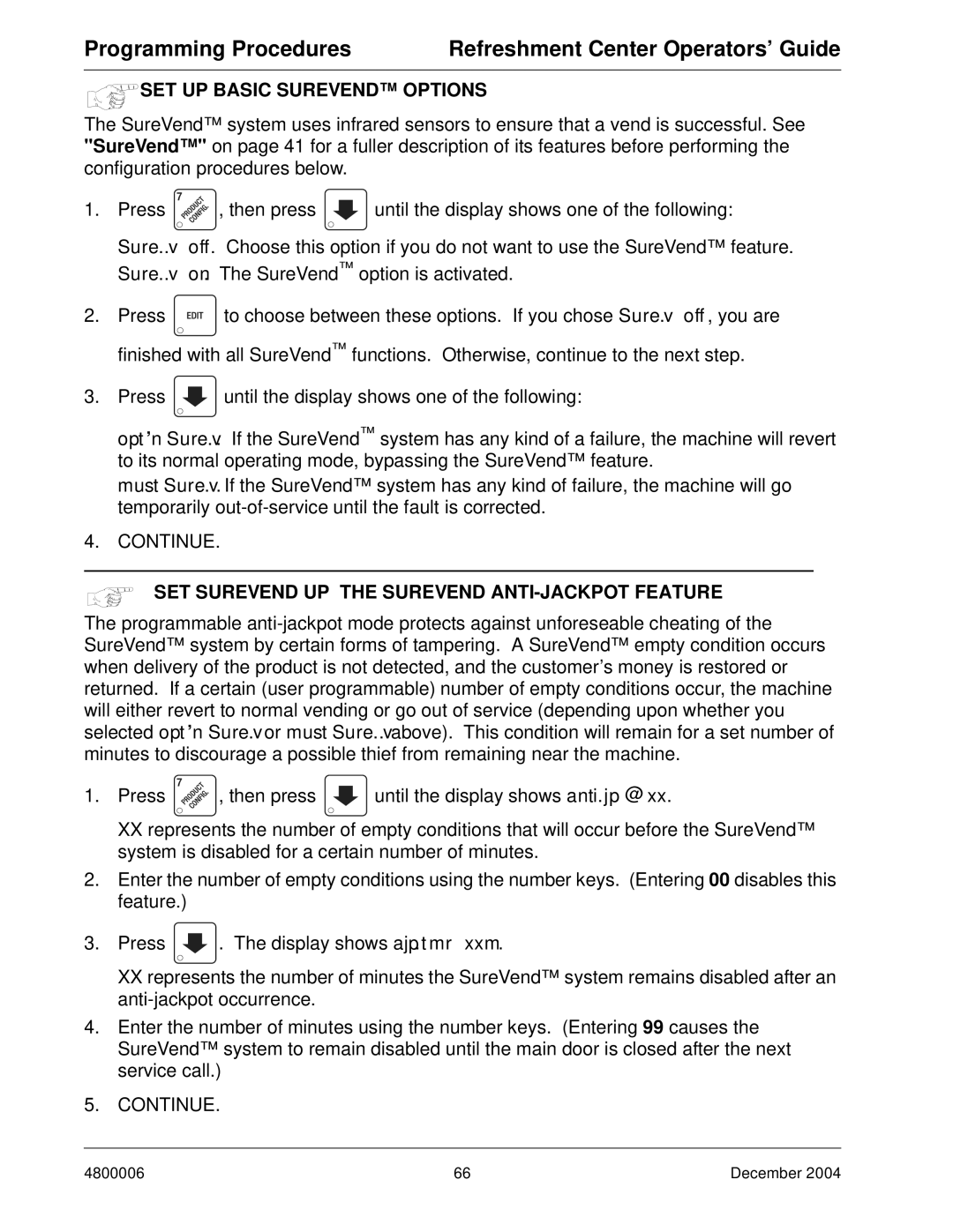 Crane Merchandising Systems 480 manual SET UP Basic Surevend Options, SET Surevend UP the Surevend ANTI-JACKPOT Feature 