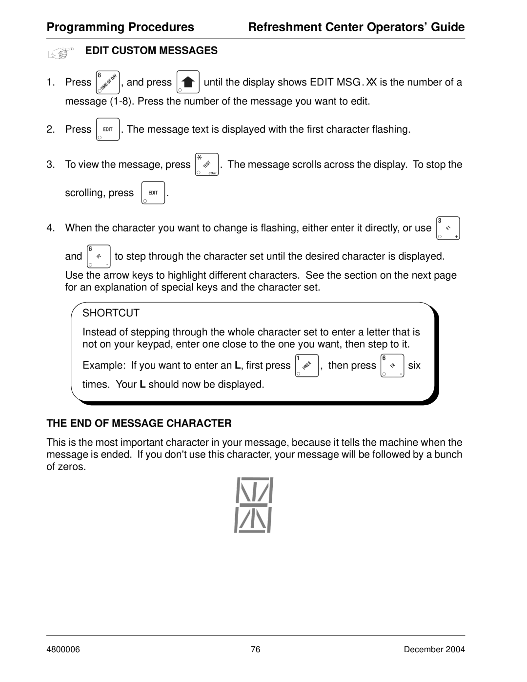 Crane Merchandising Systems 480 manual Edit Custom Messages, END of Message Character 