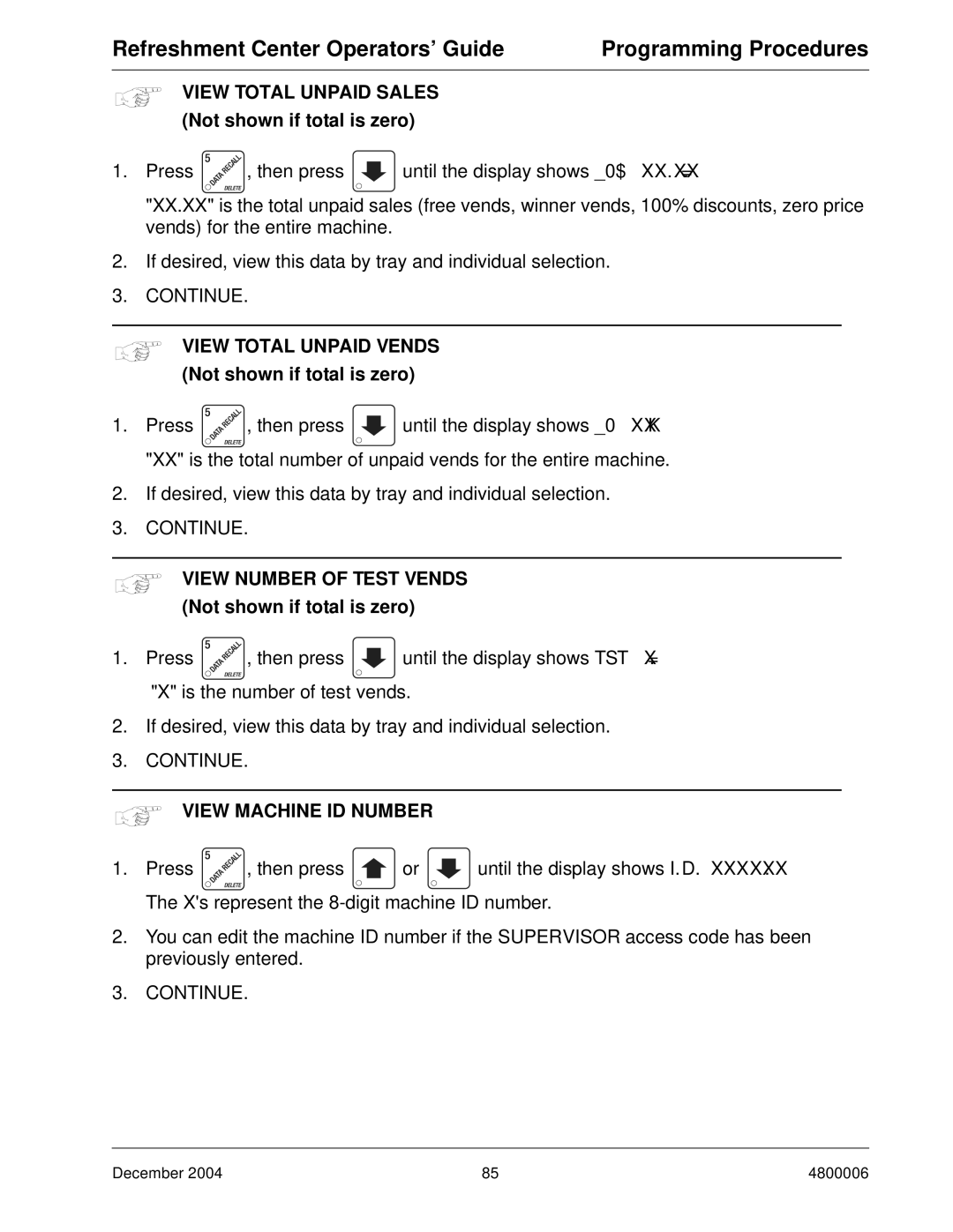 Crane Merchandising Systems 480 manual View Total Unpaid Sales, View Total Unpaid Vends, View Number of Test Vends 