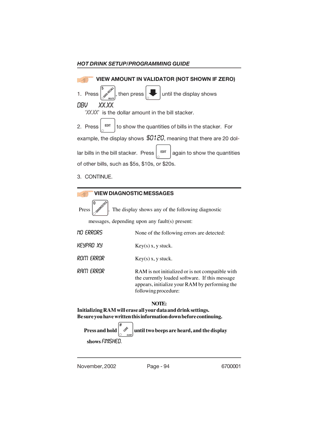 Crane Merchandising Systems 670, 678 manual Dbv Xx.Xx, View Amount in Validator not Shown if Zero, View Diagnostic Messages 