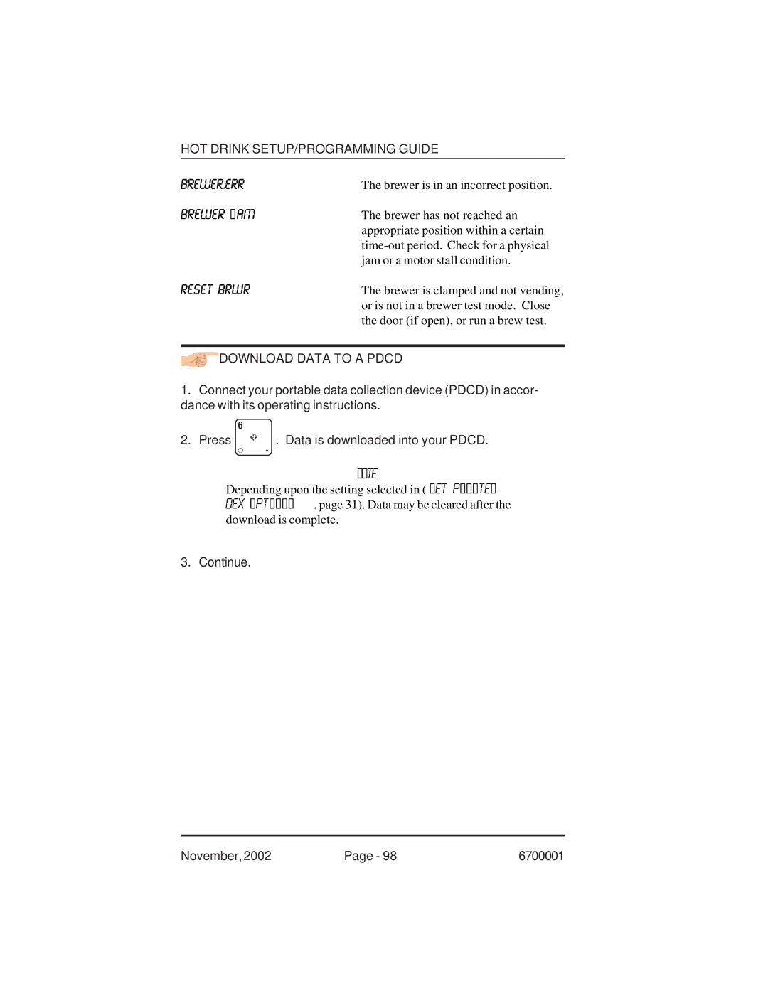 Crane Merchandising Systems 670, 678 manual Brewer JAM, Download Data to a Pdcd 