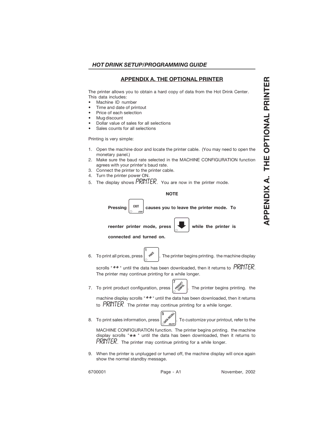 Crane Merchandising Systems 678, 670 manual Appendix A. the Optional Printer, Pressing 