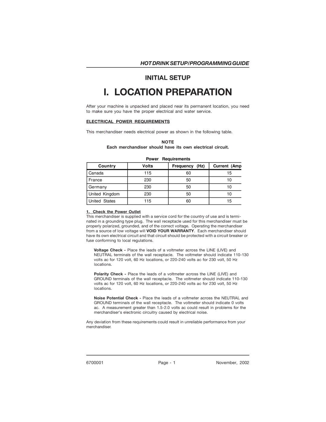 Crane Merchandising Systems 678, 670 manual Location Preparation, Each merchandiser should have its own electrical circuit 