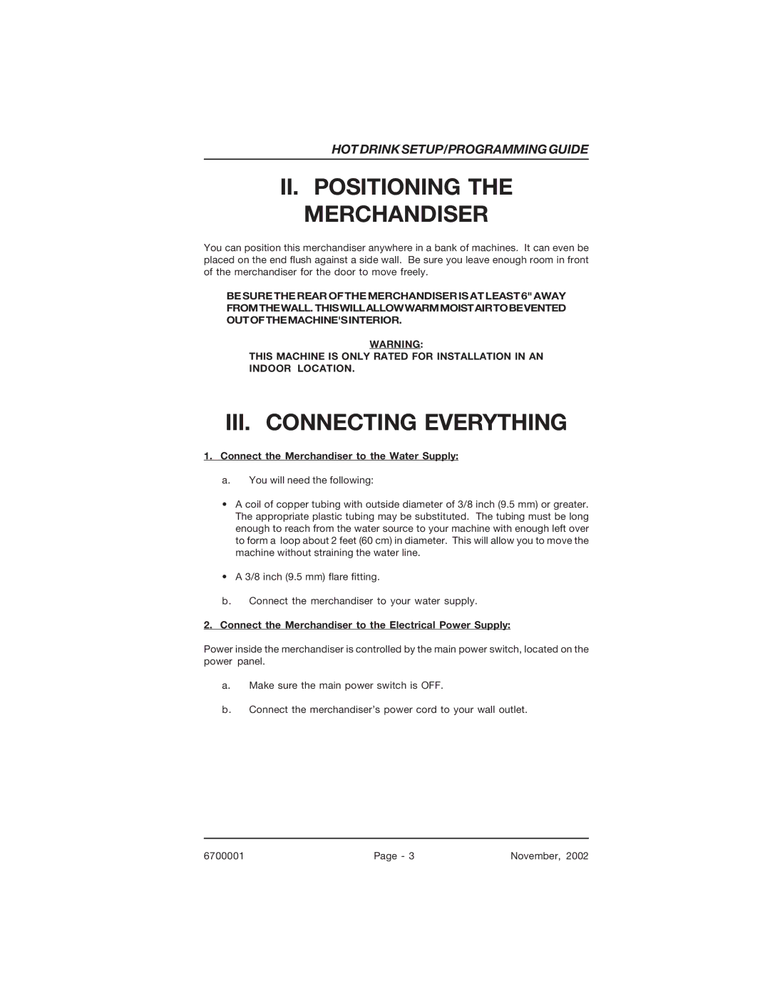 Crane Merchandising Systems 678 II. Positioning the Merchandiser, Connect the Merchandiser to the Electrical Power Supply 