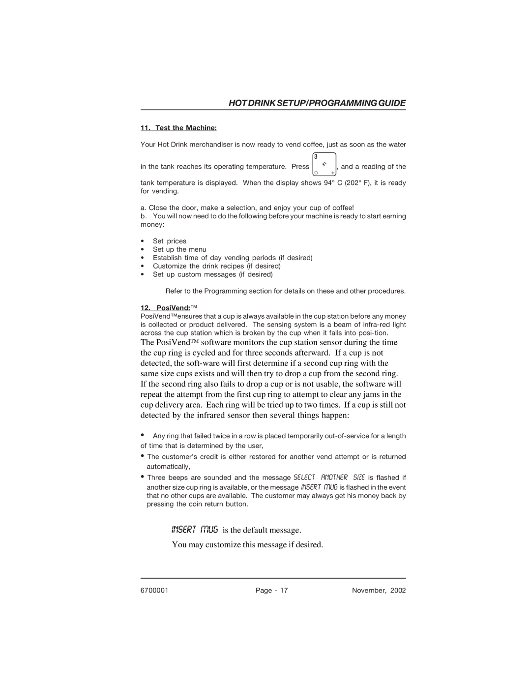 Crane Merchandising Systems 678, 670 manual Test the Machine, PosiVend 