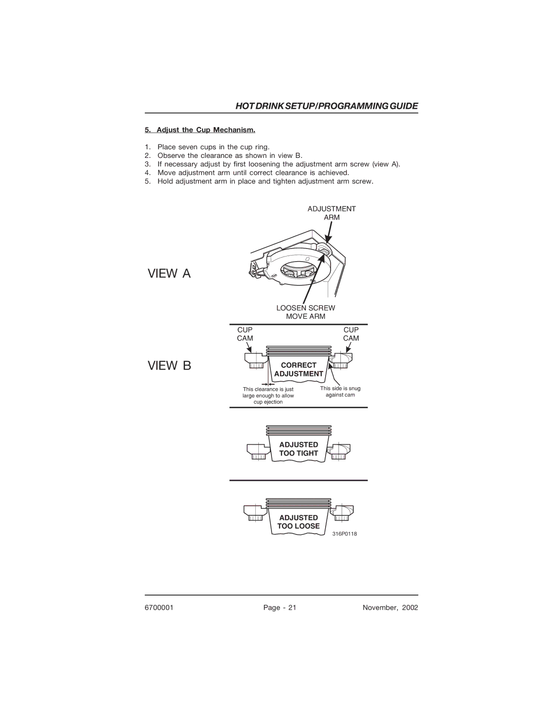 Crane Merchandising Systems 678, 670 manual View a View B, Adjust the Cup Mechanism 