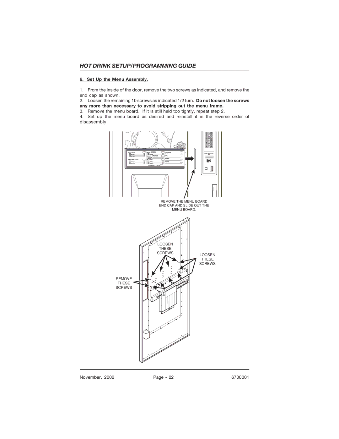 Crane Merchandising Systems 670, 678 manual Set Up the Menu Assembly 