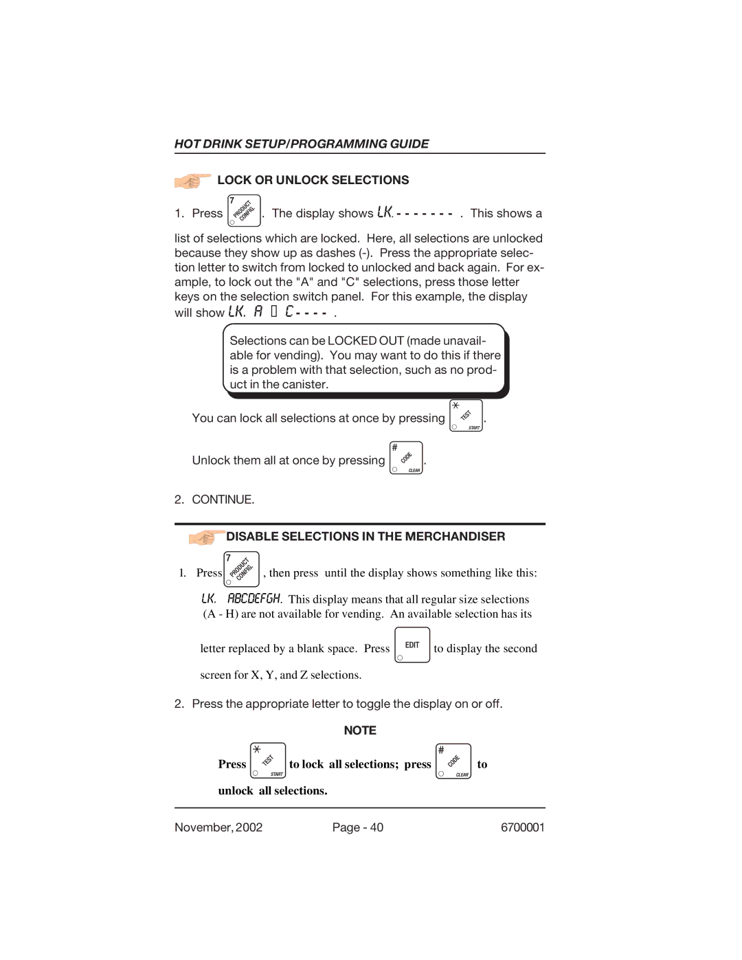 Crane Merchandising Systems 670, 678 manual Lock or Unlock Selections, Disable Selections in the Merchandiser 