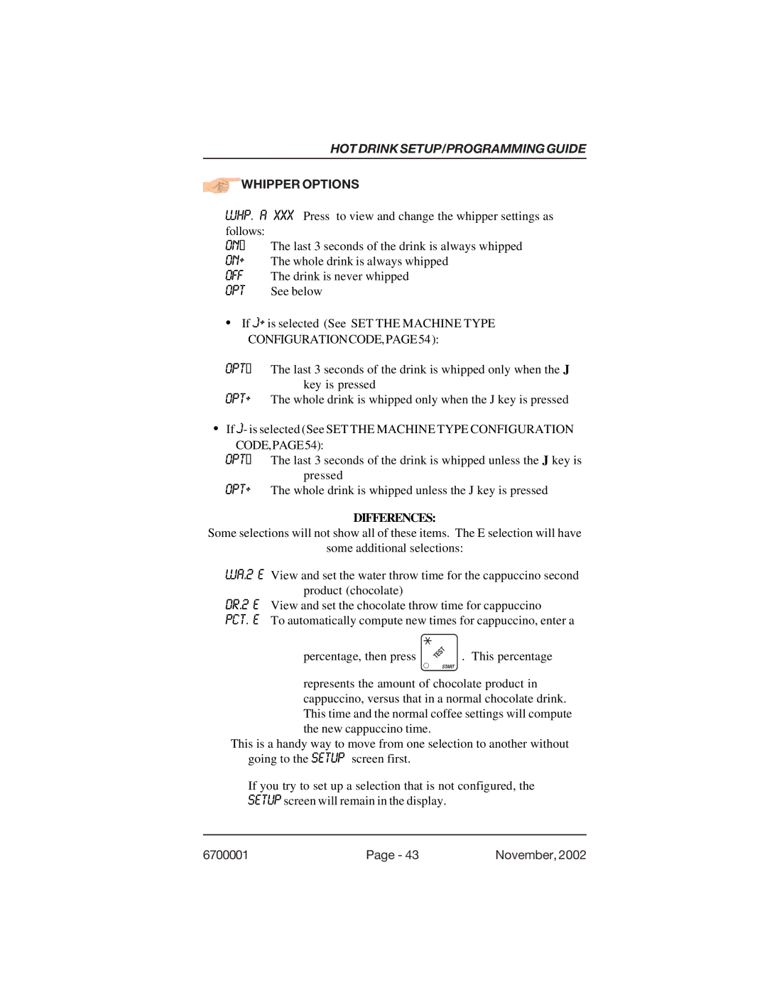 Crane Merchandising Systems 678, 670 manual Whipper Options, CODE,PAGE54 