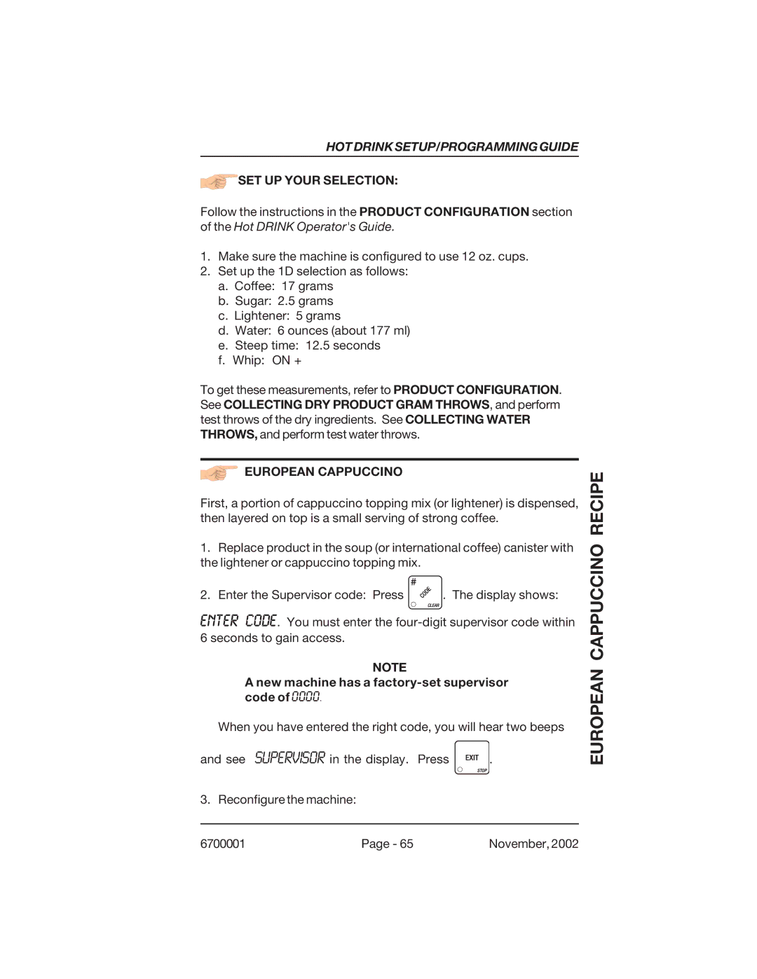 Crane Merchandising Systems 678, 670 manual European Cappuccino Recipe, SET UP Your Selection 