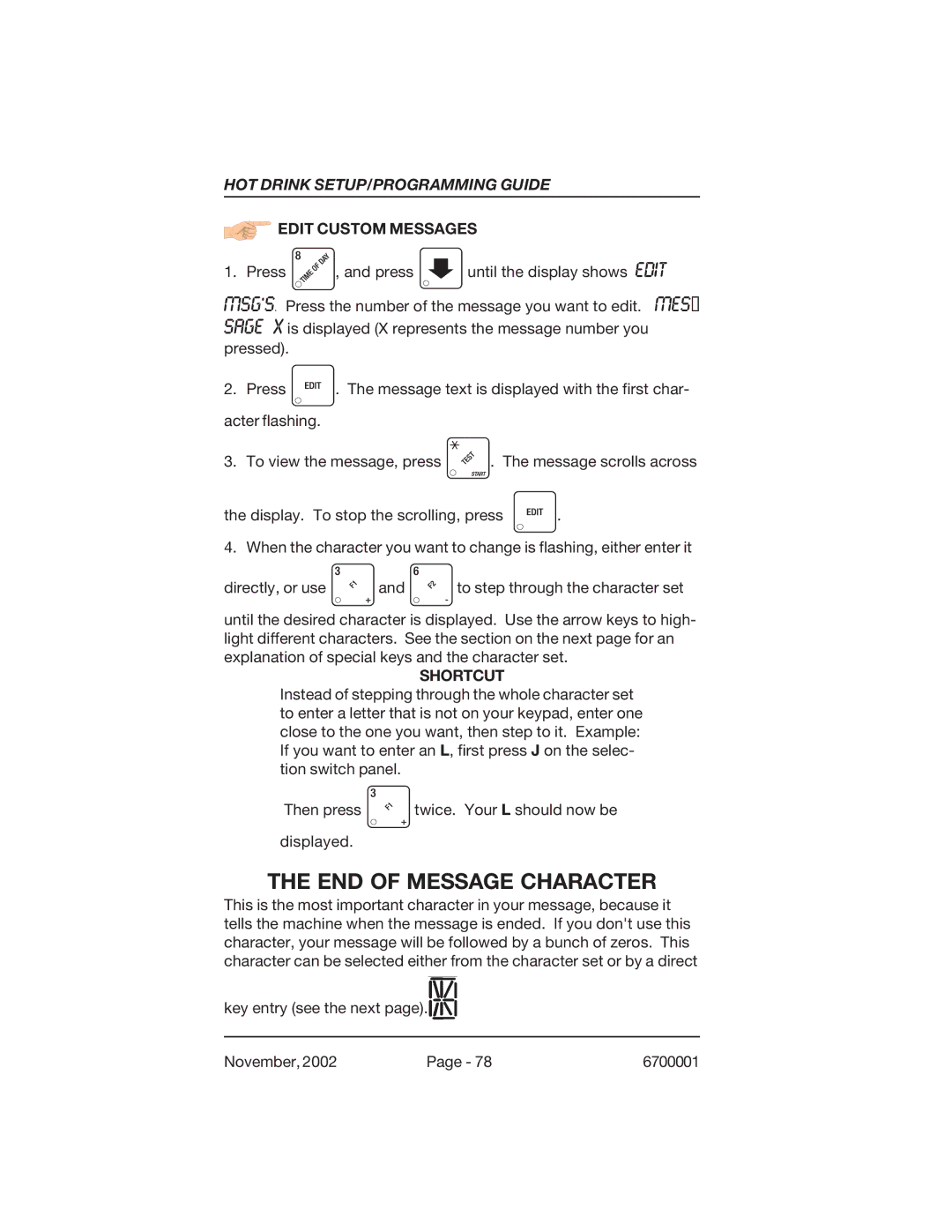 Crane Merchandising Systems 670, 678 manual END of Message Character, Edit Custom Messages, Shortcut 