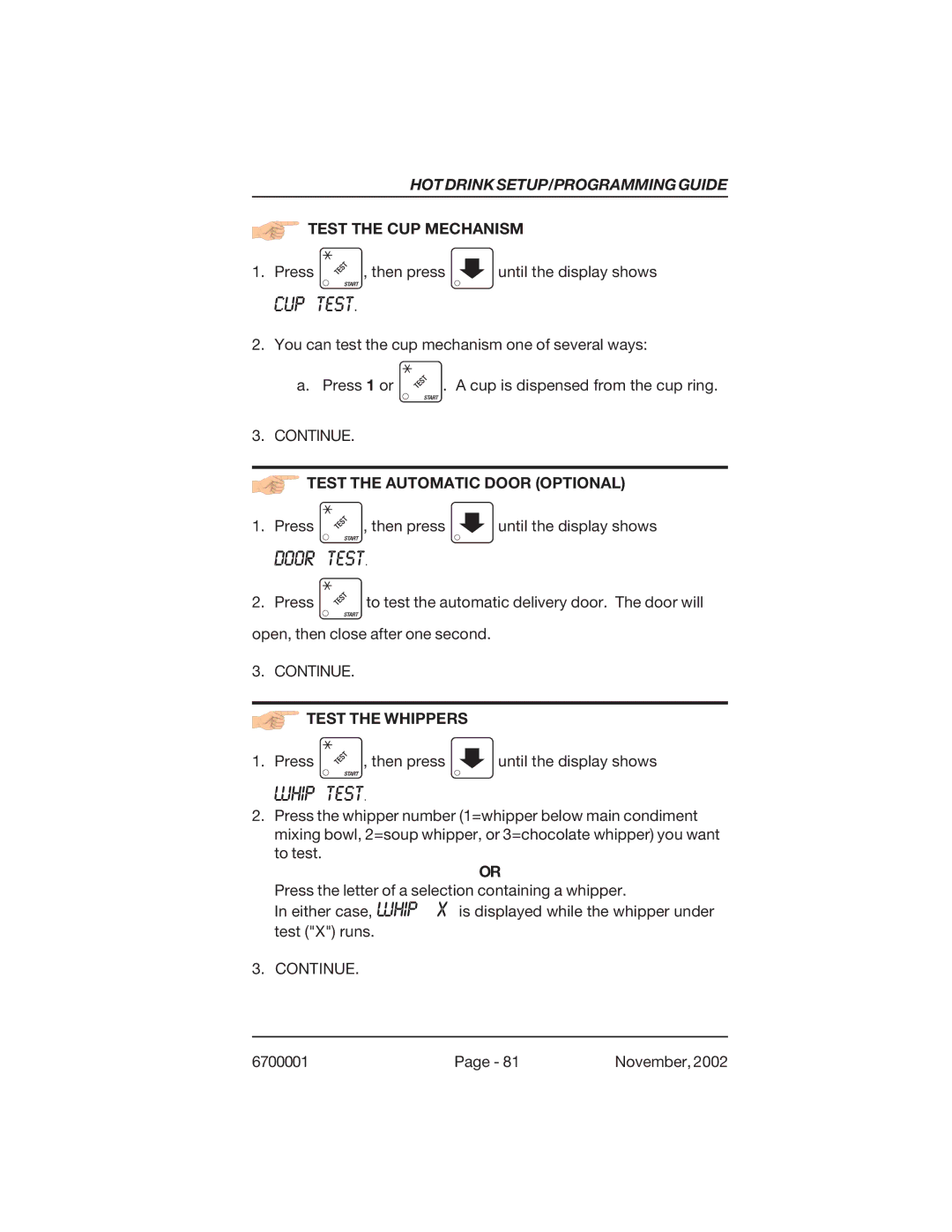 Crane Merchandising Systems 678, 670 manual CUP Test, Door Test, Whip Test 