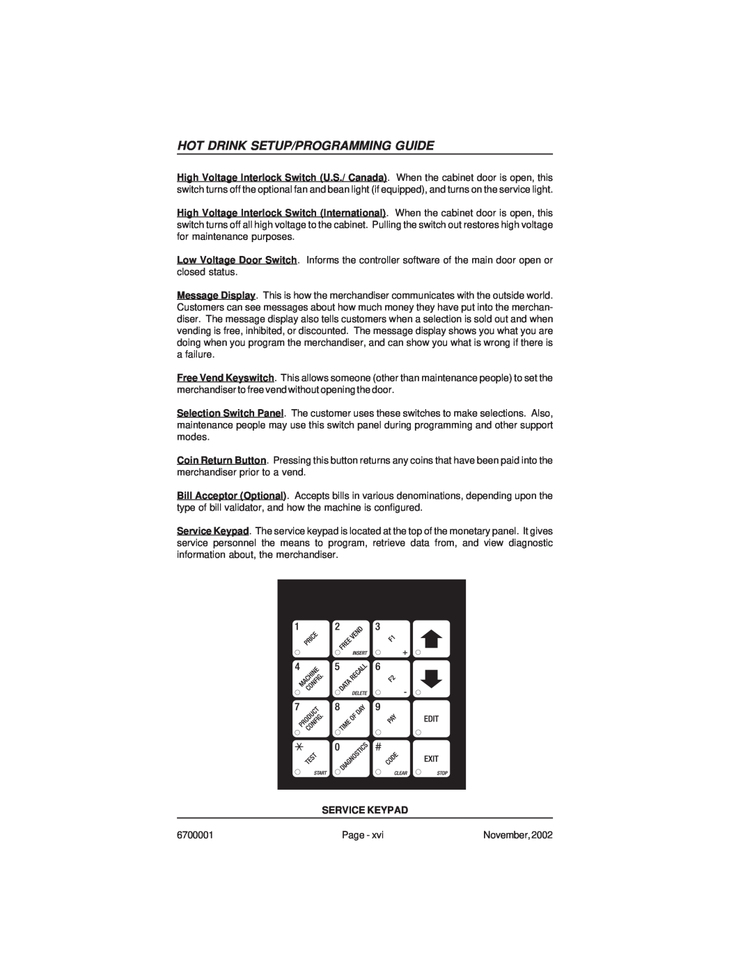 Crane Merchandising Systems 670, 678 manual Hot Drink Setup/Programming Guide, Service Keypad 