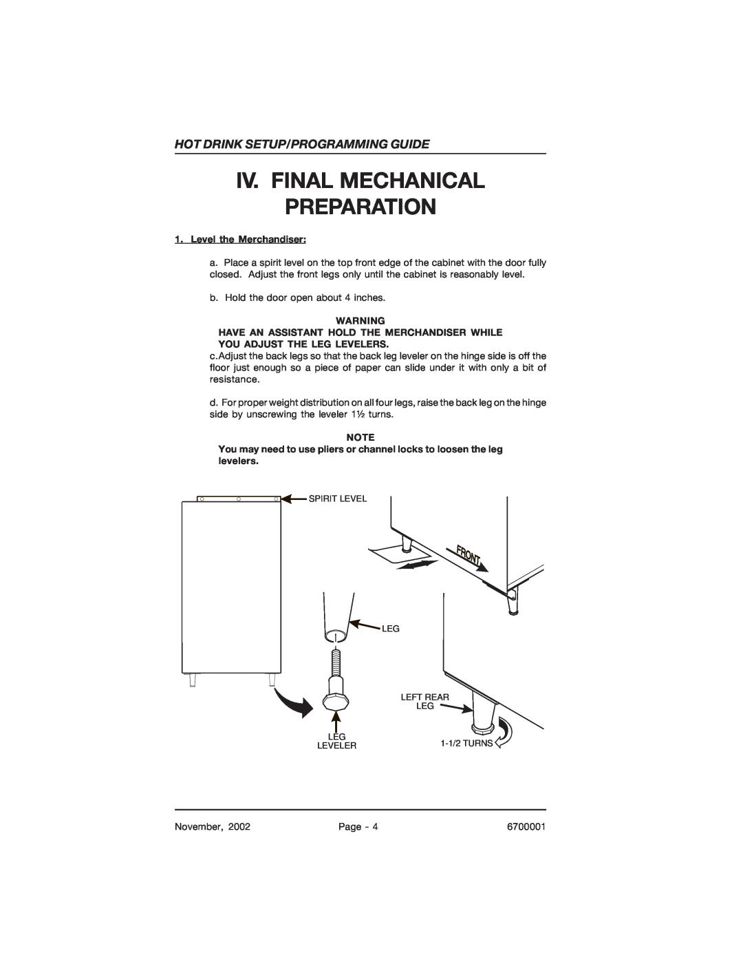 Crane Merchandising Systems 670, 678 manual Iv. Final Mechanical Preparation, Hot Drink Setup/Programming Guide 