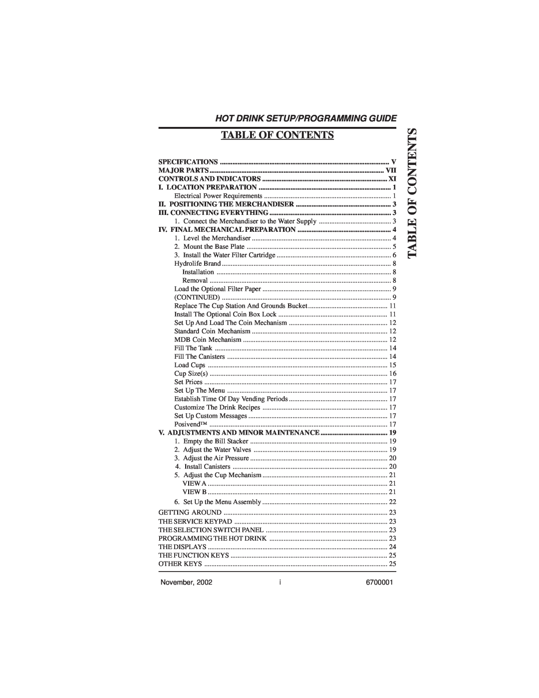 Crane Merchandising Systems 678 Table Of Contents, Hot Drink Setup/Programming Guide, Table Contentsof, Specifications 