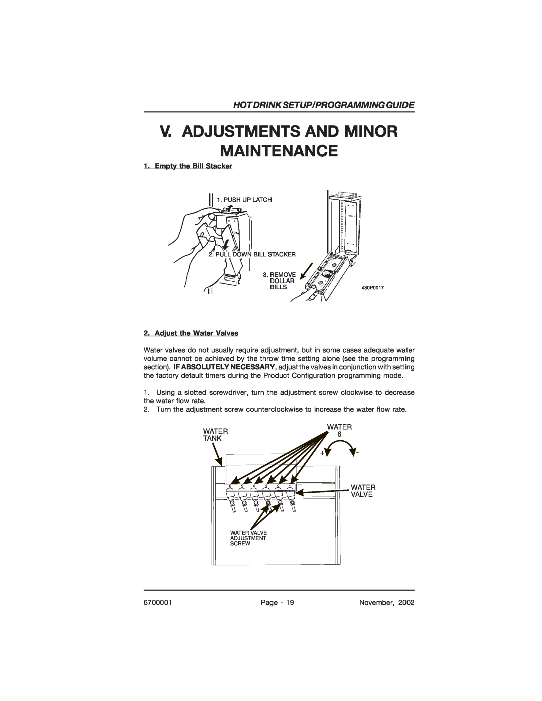 Crane Merchandising Systems 678, 670 manual V. Adjustments And Minor Maintenance, Hot Drink Setup/Programming Guide 