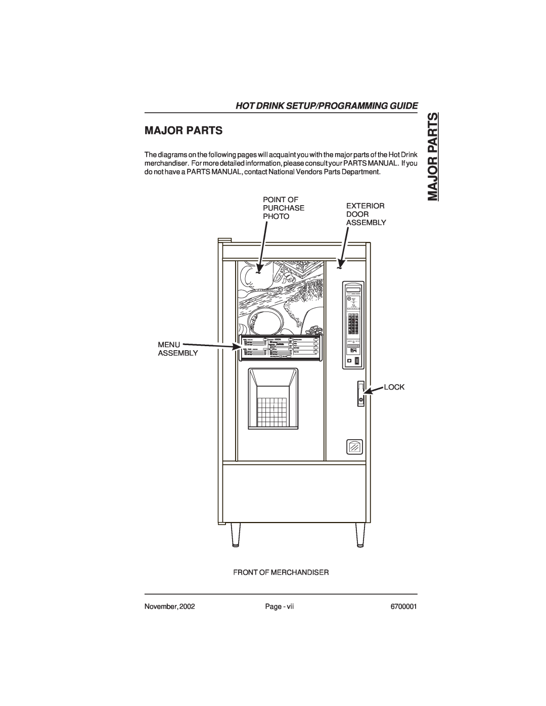 Crane Merchandising Systems 678, 670 manual Major Parts, Hot Drink Setup/Programming Guide 