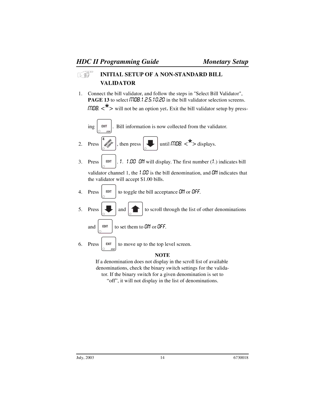 Crane Merchandising Systems 675, 677, 673 manual Off, Initial Setup of a NON-STANDARD Bill Validator 