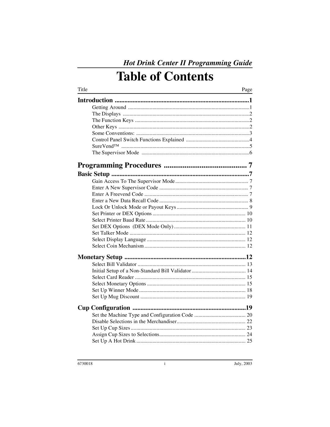 Crane Merchandising Systems 677, 673, 675 manual Table of Contents 