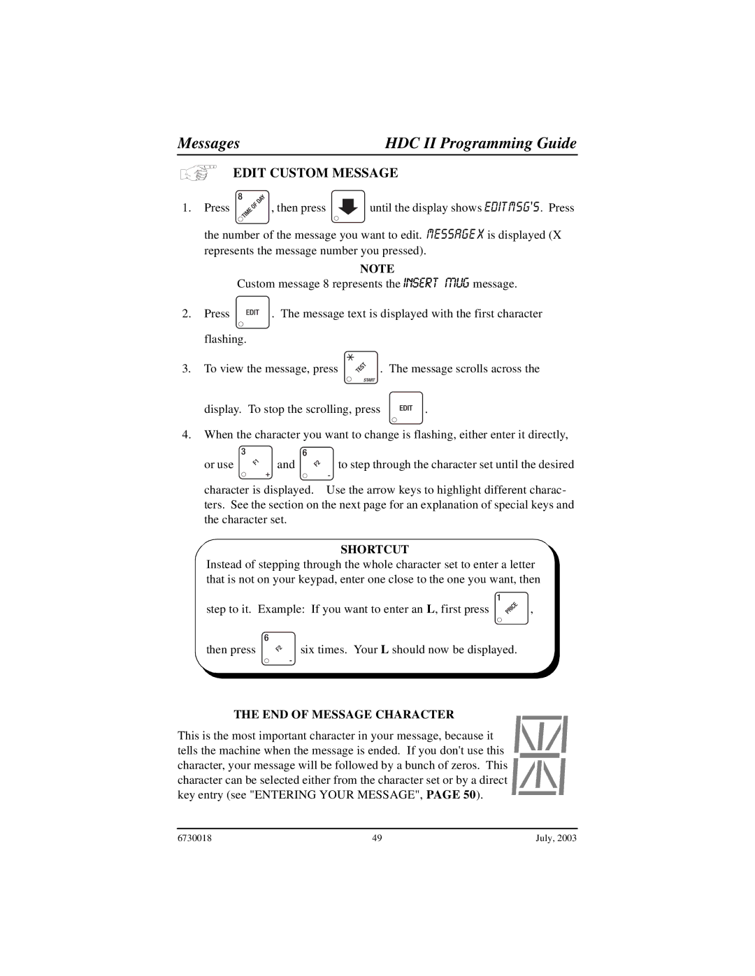 Crane Merchandising Systems 673, 677, 675 manual Messages HDC II Programming Guide, Shortcut, END of Message Character 