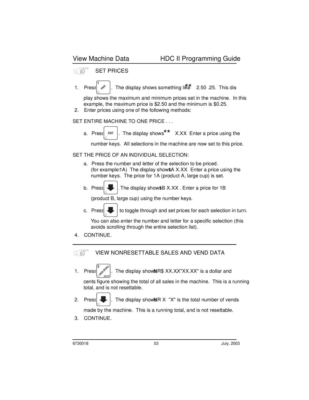 Crane Merchandising Systems 675 View Machine Data HDC II Programming Guide, SET Prices, SET Entire Machine to ONE Price 