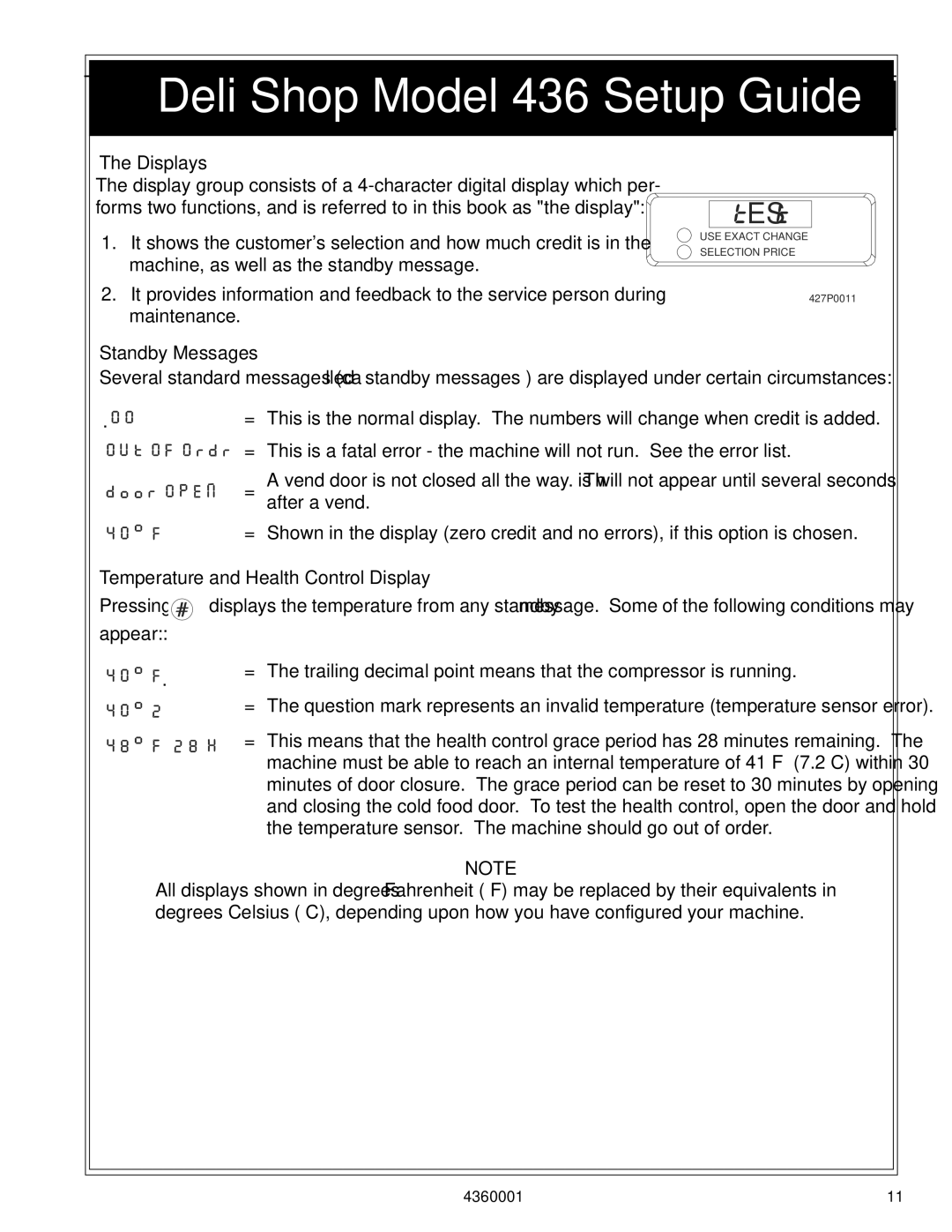 Crane Merchandising Systems 436, Deli Shop manual Displays, Standby Messages, Temperature and Health Control Display 
