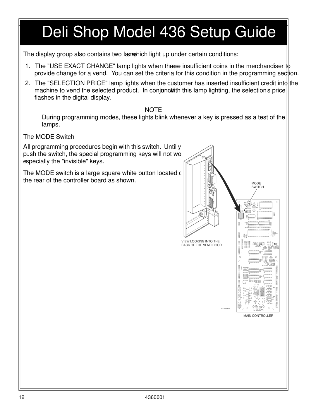 Crane Merchandising Systems Deli Shop, 436 manual Mode Switch 