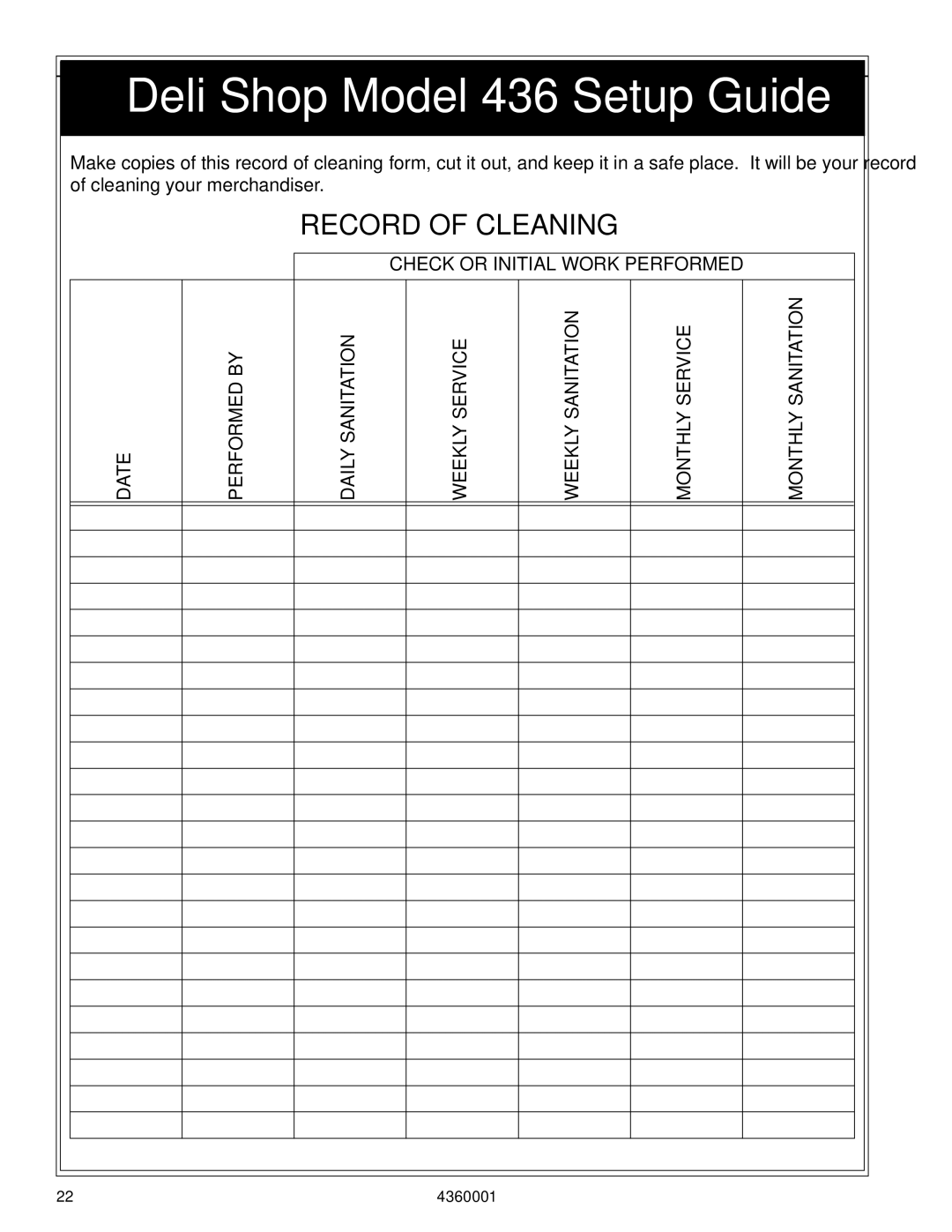 Crane Merchandising Systems Deli Shop, 436 manual Record of Cleaning 