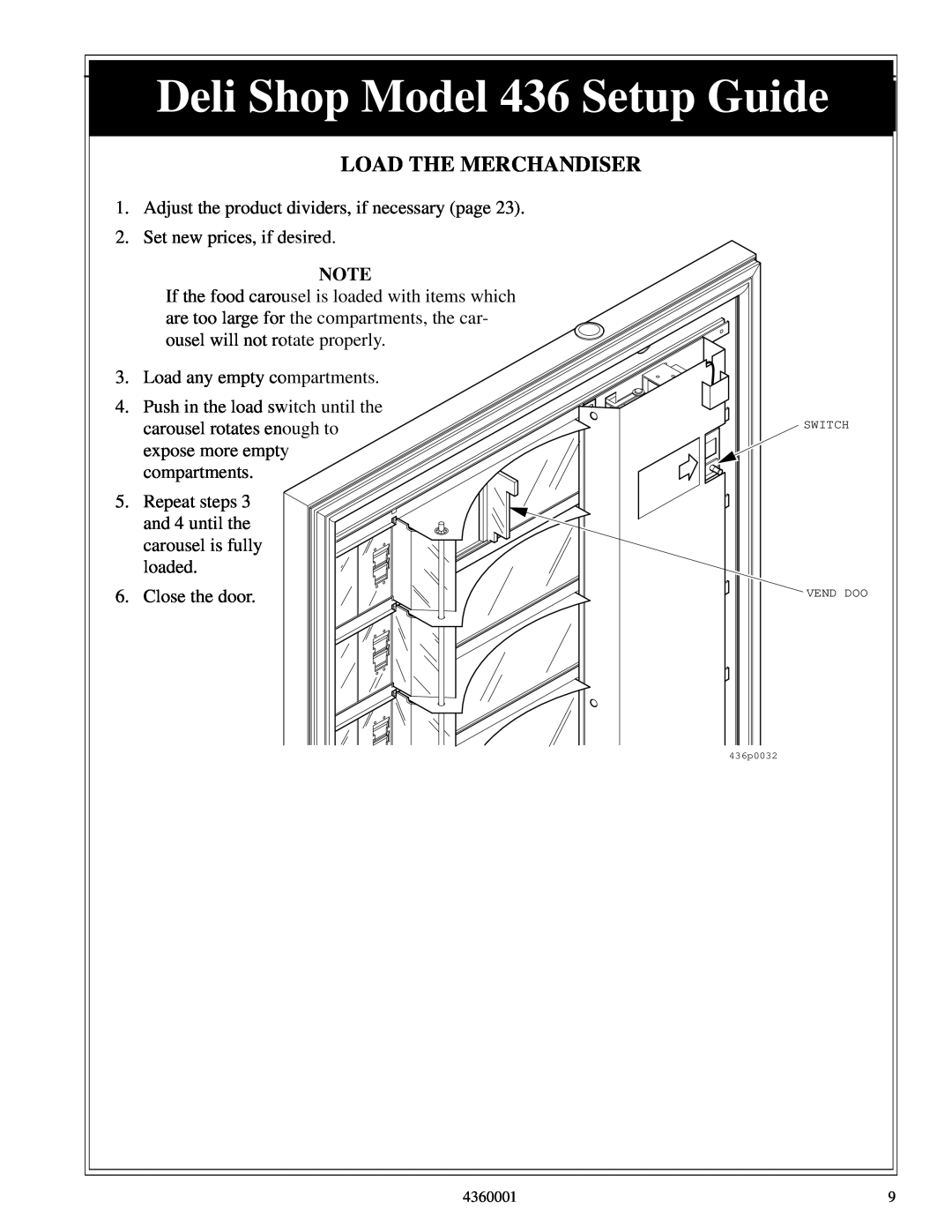 Crane Merchandising Systems manual Load The Merchandiser, Deli Shop Model 436 Setup Guide 