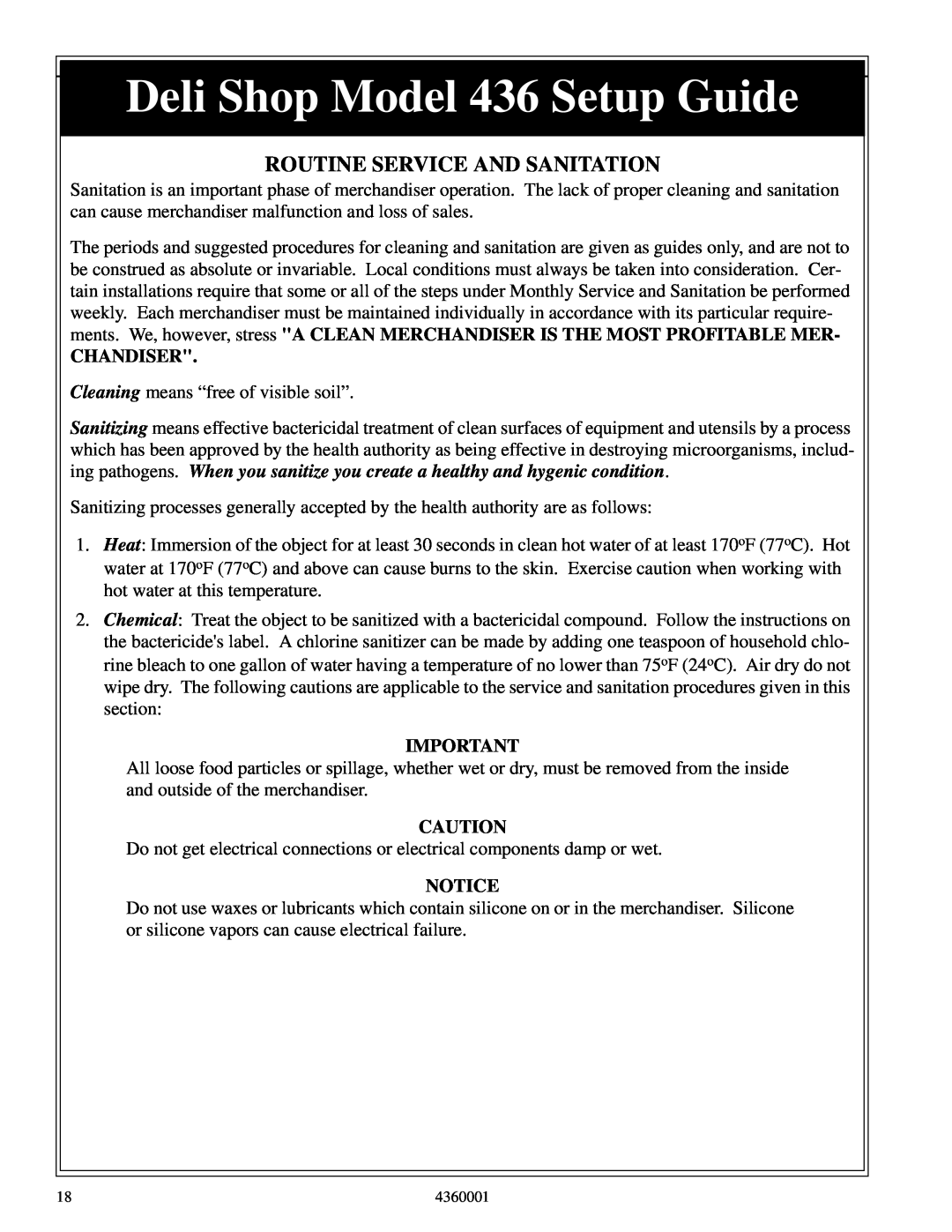 Crane Merchandising Systems manual Routine Service And Sanitation, Chandiser, Deli Shop Model 436 Setup Guide 