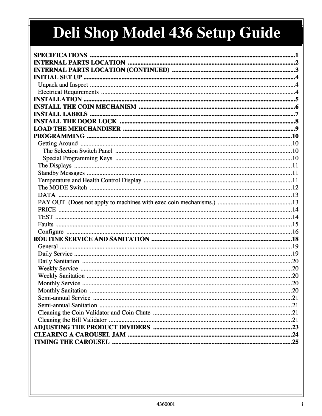 Crane Merchandising Systems manual Deli Shop Model 436 Setup Guide, Specifications, Internal Parts Location, Programming 
