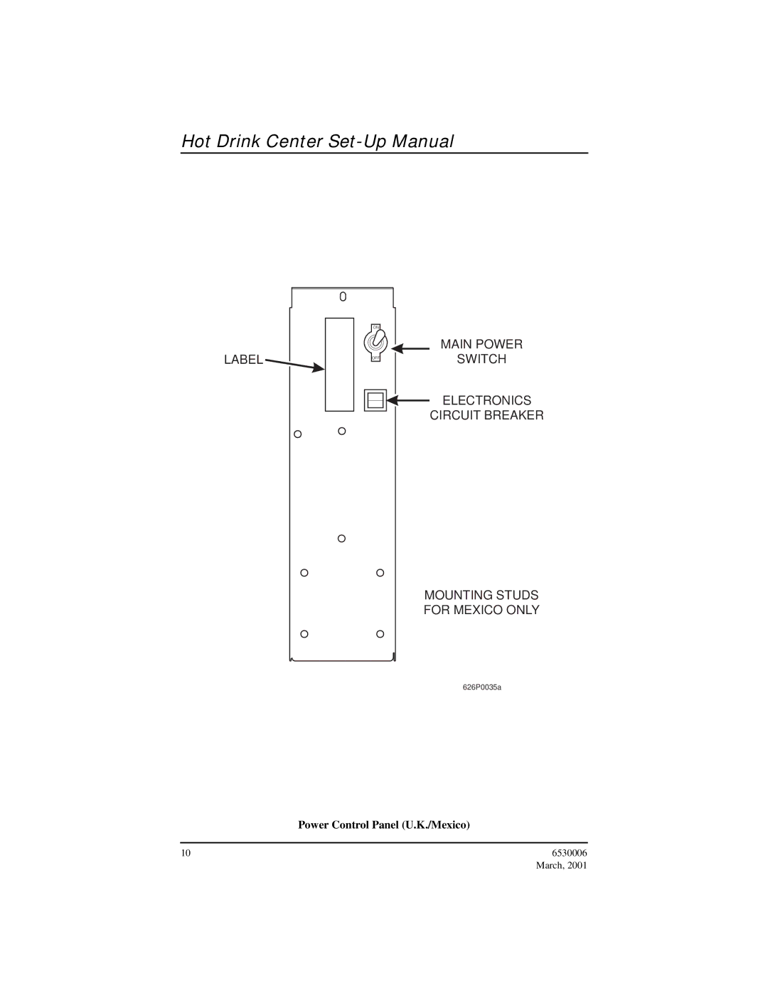 Crane Merchandising Systems Hot Drink Center, 6530006 manual Power Control Panel U.K./Mexico 