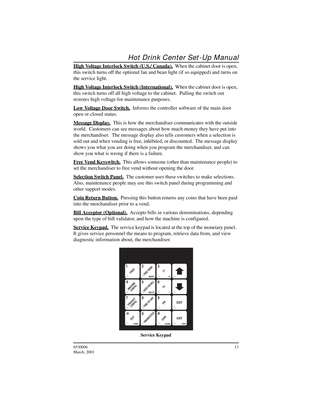 Crane Merchandising Systems 6530006, Hot Drink Center manual Service Keypad 