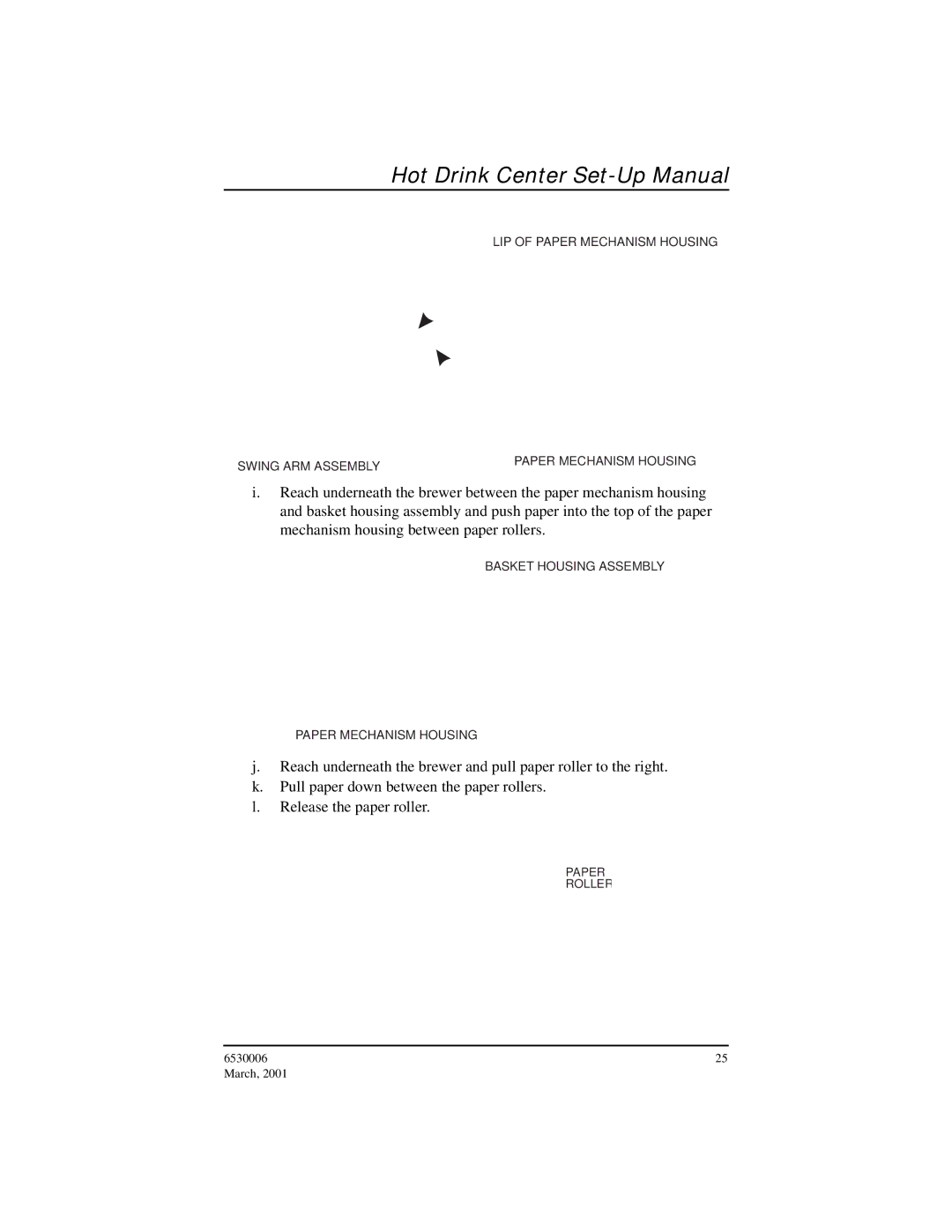 Crane Merchandising Systems 6530006, Hot Drink Center manual LIP of Paper Mechanism Housing Swing ARM Assembly 