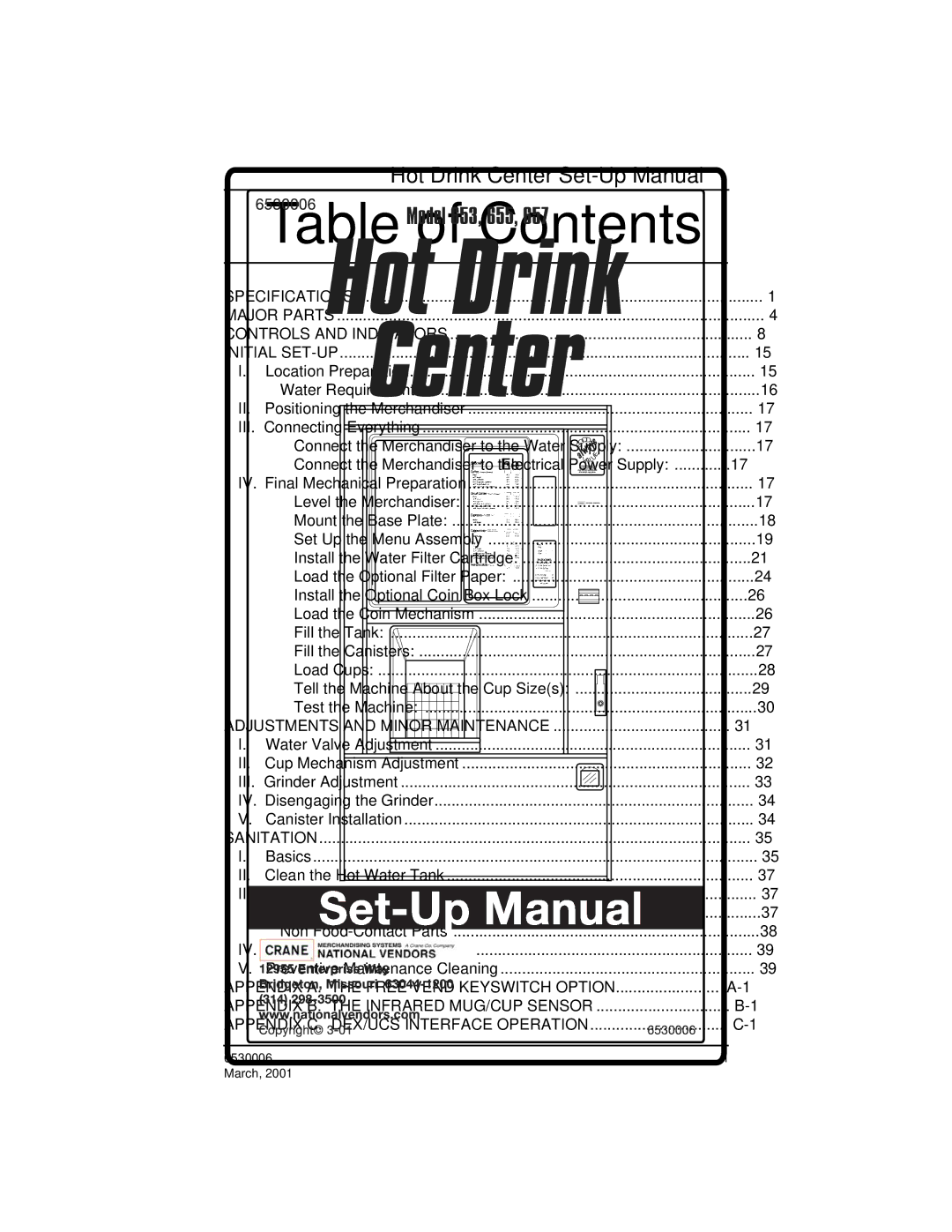 Crane Merchandising Systems 6530006, Hot Drink Center manual Table of Contents 