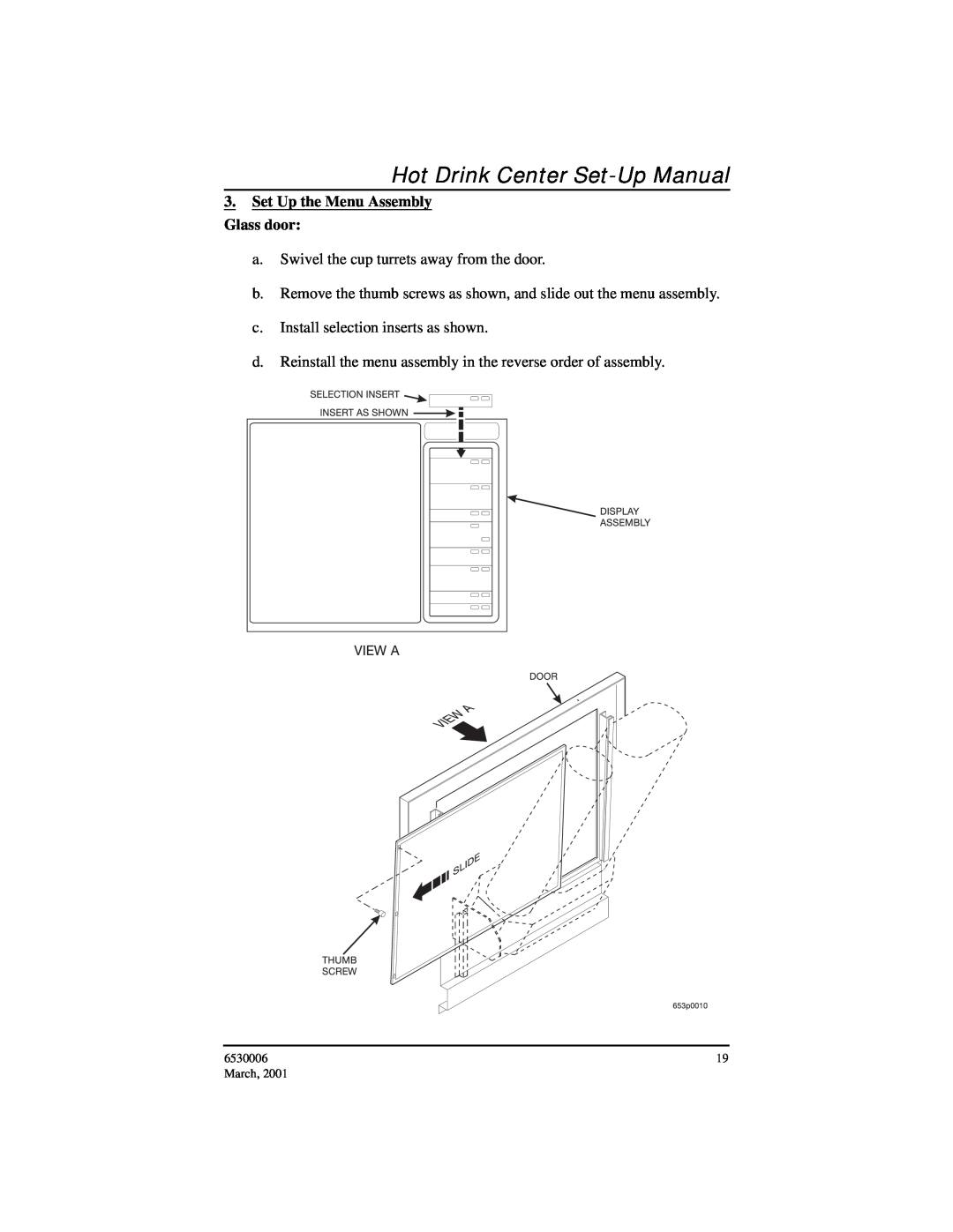 Crane Merchandising Systems 6530006 manual Hot Drink Center Set-Up Manual, Set Up the Menu Assembly Glass door, March 