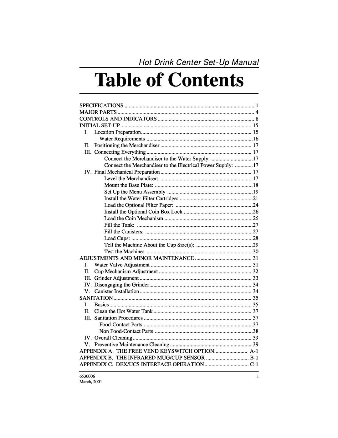 Crane Merchandising Systems 6530006 manual Hot Drink Center Set-Up Manual, Table of Contents 