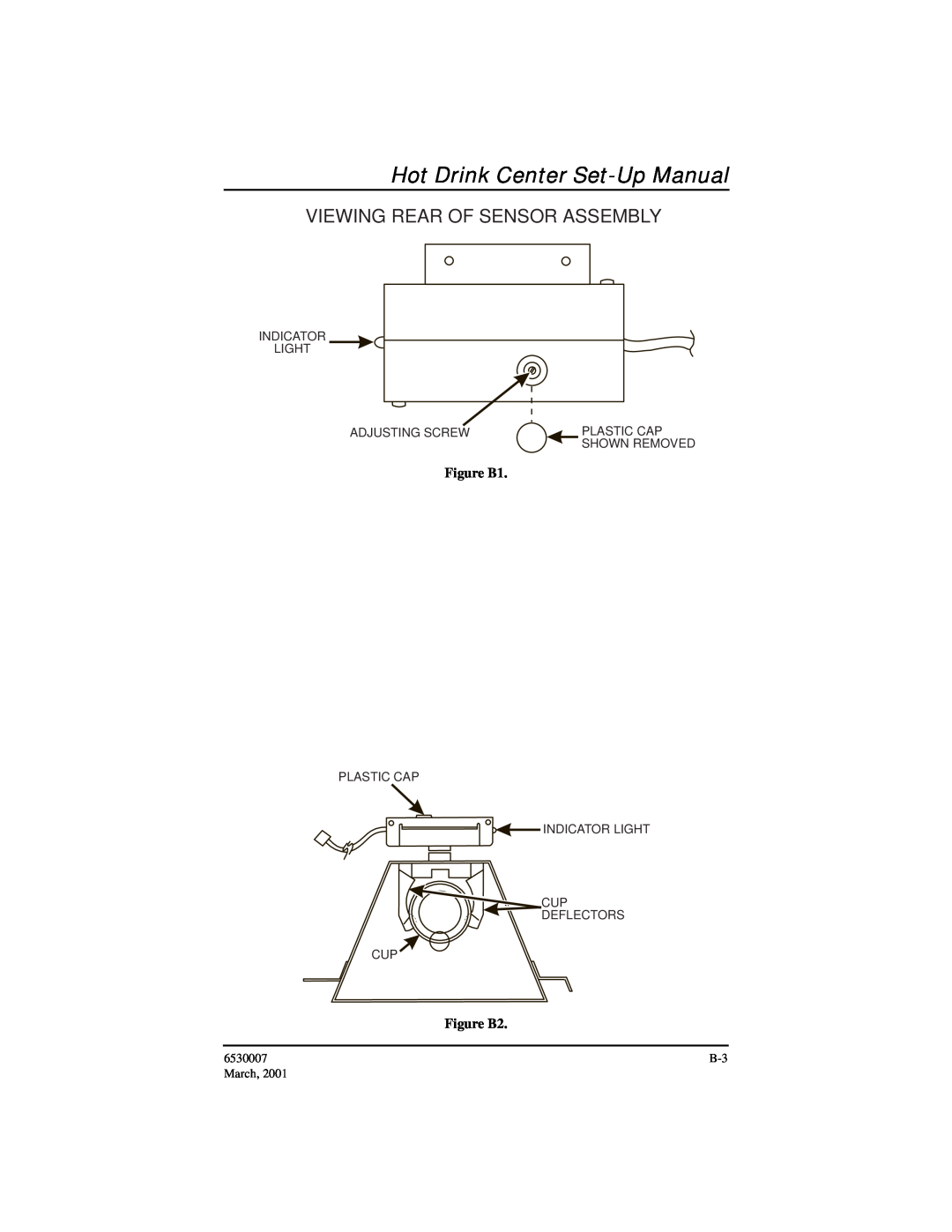 Crane Merchandising Systems 6530006 manual Hot Drink Center Set-Up Manual, Viewing Rear Of Sensor Assembly, Indicator Light 