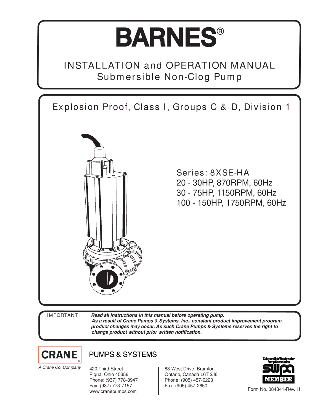 Crane Plumbing 8XSE-HA operation manual Barnes 