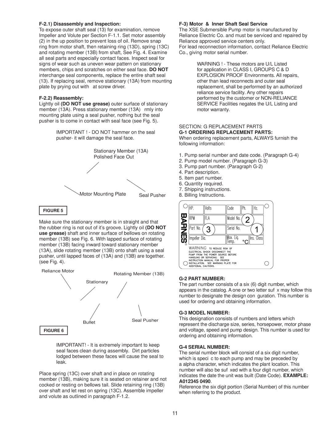 Crane Plumbing 8XSE-HA Motor & Inner Shaft Seal Service, Section G Replacement Parts Ordering Replacement Parts 