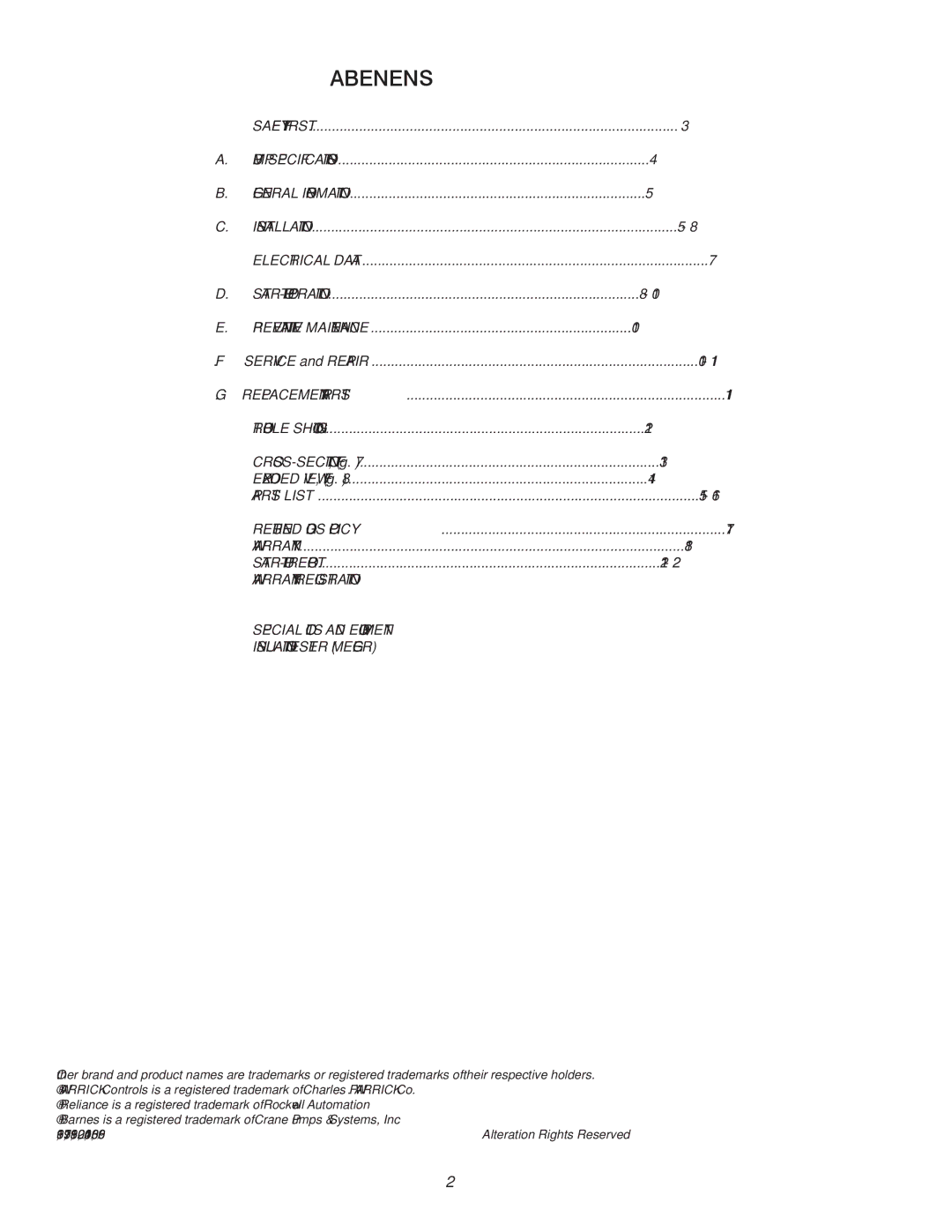 Crane Plumbing 8XSE-HA operation manual Table of Contents 