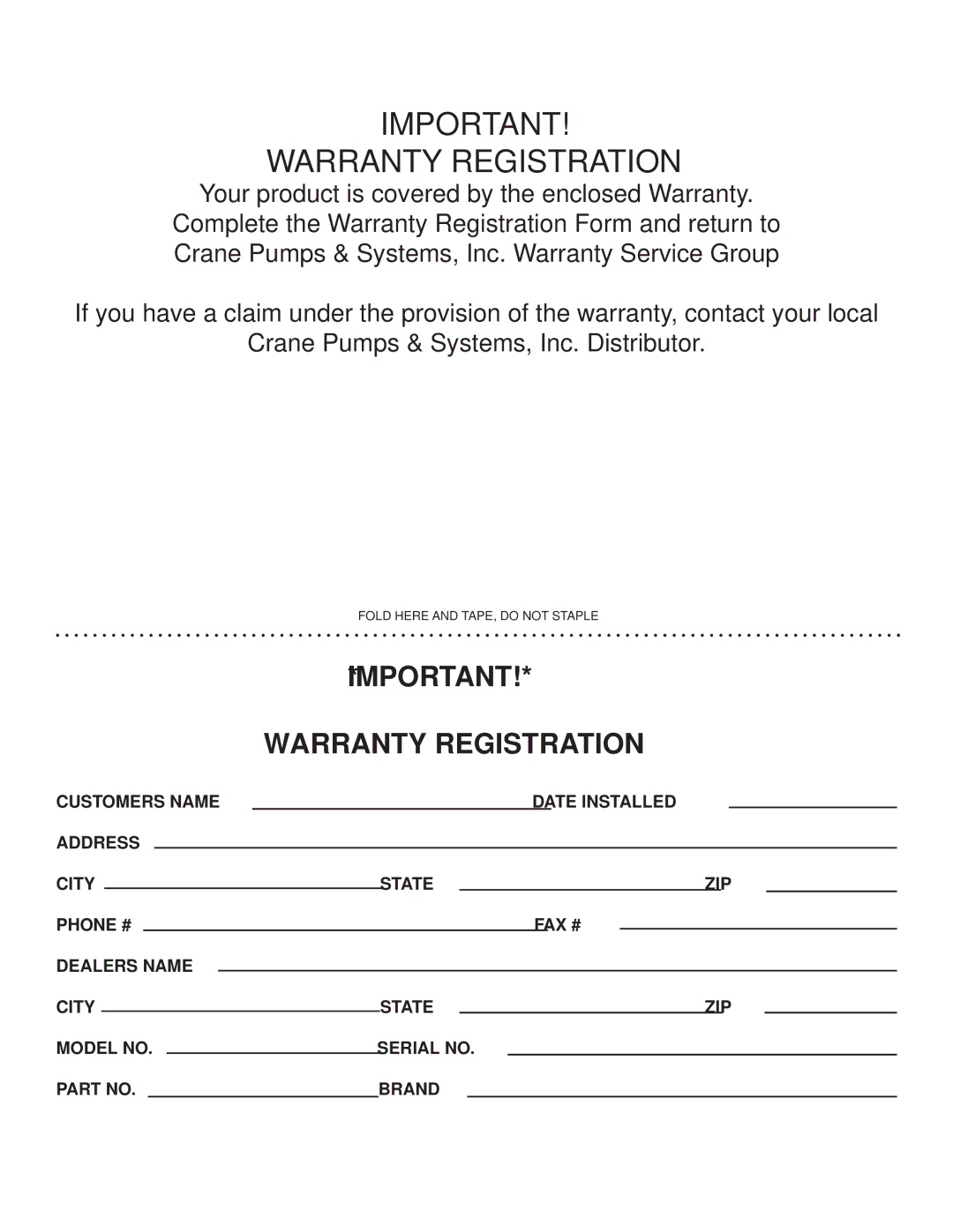 Crane Plumbing 8XSE-HA operation manual Warranty Registration 